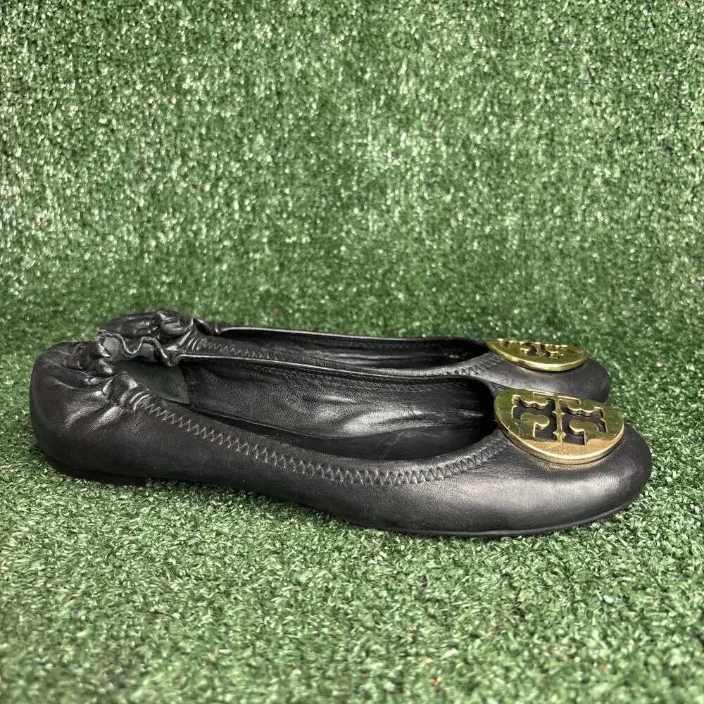 Tory Burch Women's 8 M Black Leather Ballet‎ Flats Round Toe Slip On Logo Accent